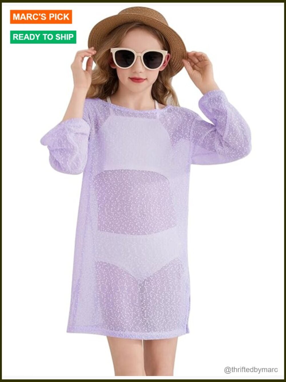 Girls Crochet Long Sleeve Beach Cover Up Swimwear Hollow Out Split Hem